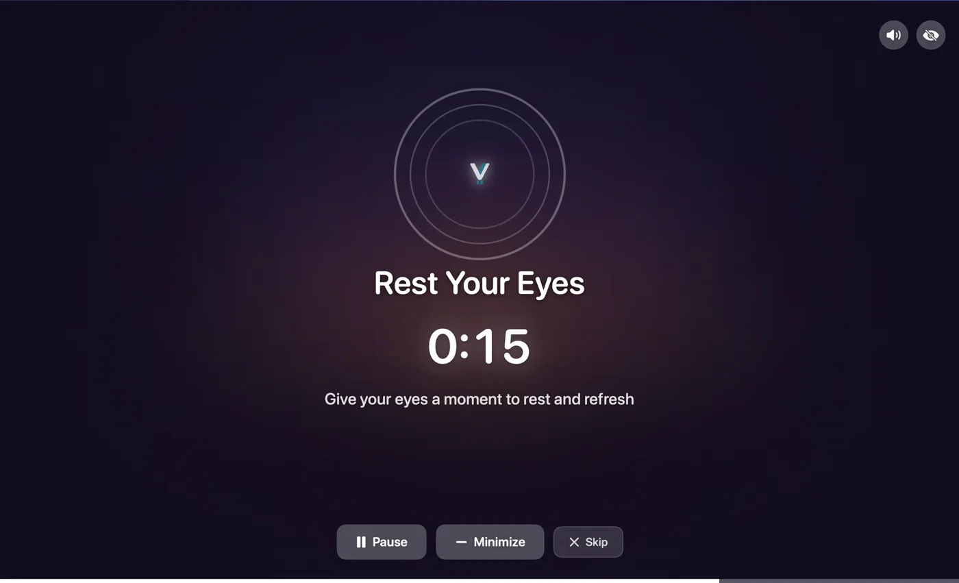 Viraam on Mac: a full-screen eye rest break reading “Rest Your Eyes” with a 15-second countdown, the note “Give your eyes a moment to rest and refresh”, and buttons for Pause, Minimize and Skip.
