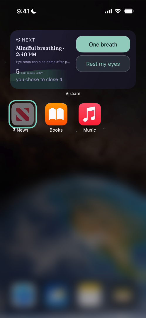 Home screen with the News app paused by Viraam