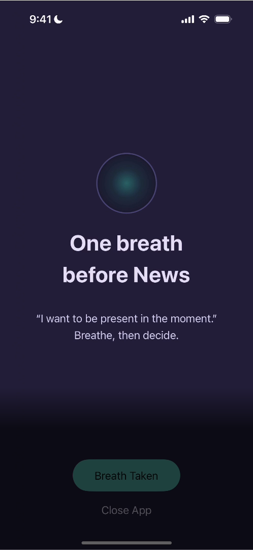 Viraam pause screen: One breath before News, with your own reason